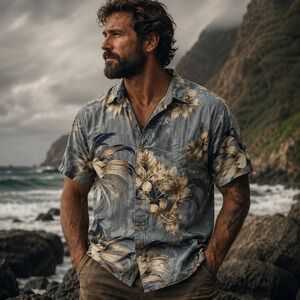 Puritan‎ Mens Tropical Floral Palm Leaf Button Down Shirt Blue Tan Short Sleeve
